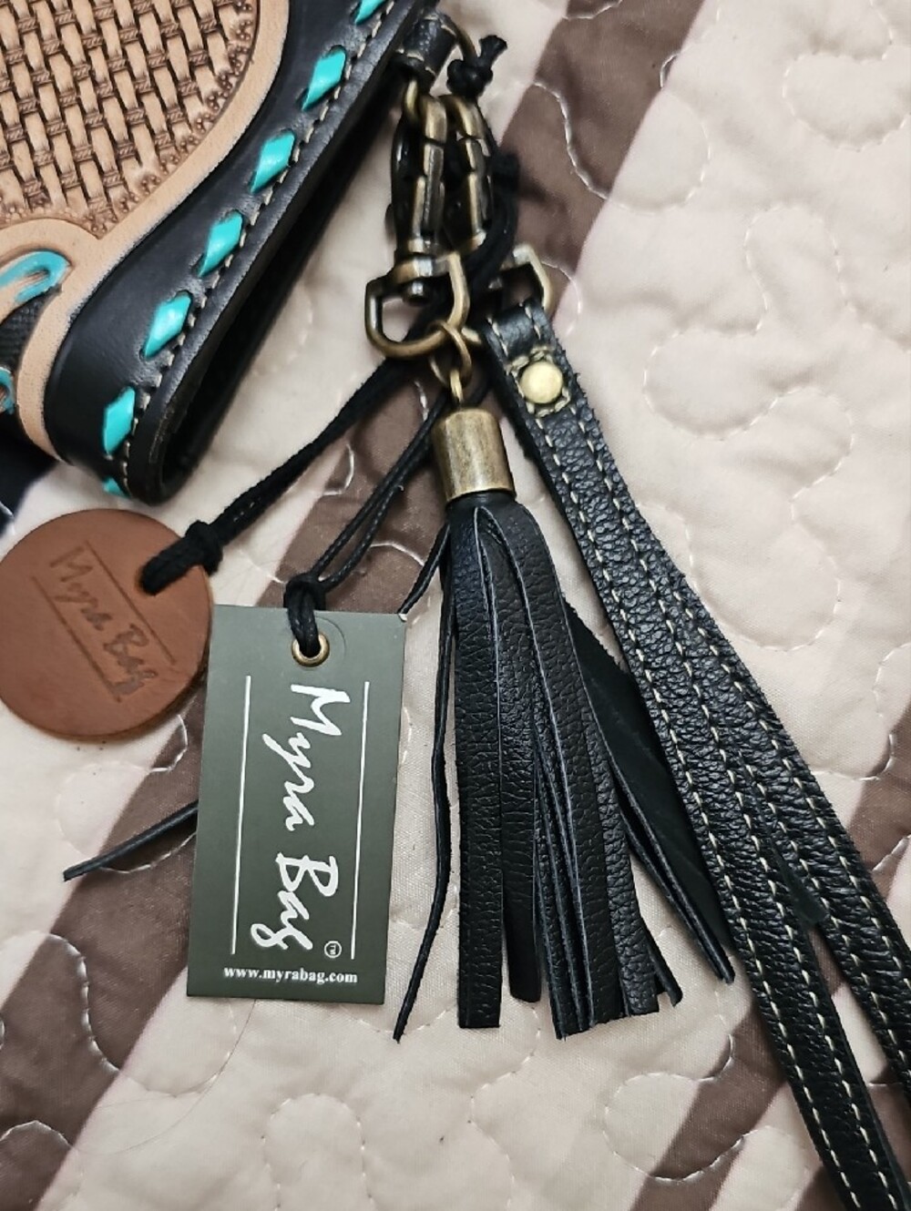 Myra Bag Hand-Tooled Floral Phone Wallet in Black, Turquoise & Yellow - Picture 3 of 7